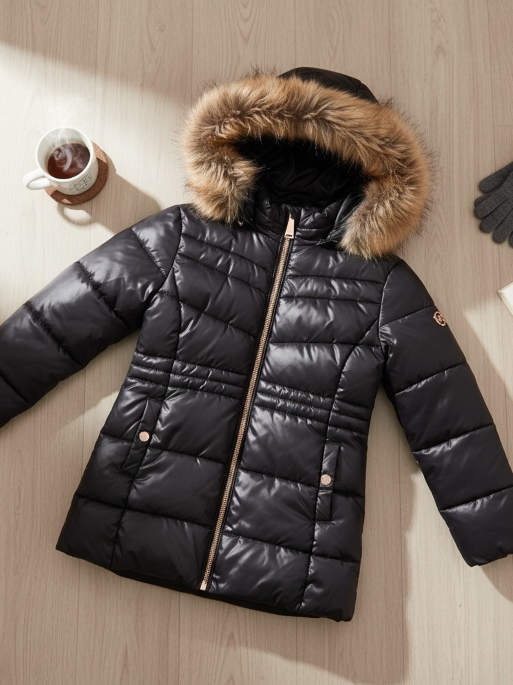 MICHAEL Michael Kors Girl's Black Quilted Puffer Jacket with Faux Fur Hood Trim